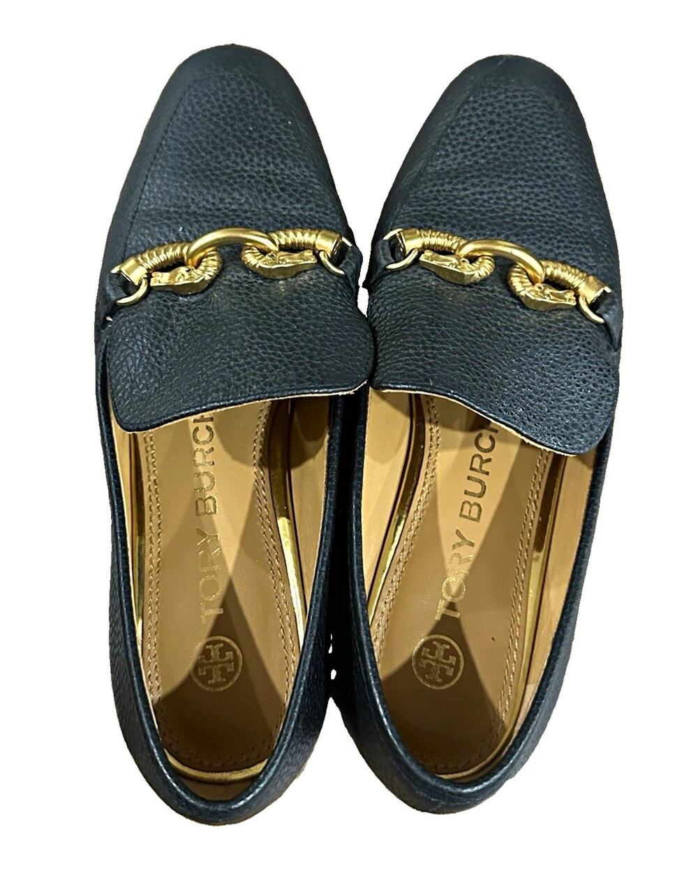 Tory Burch Black Jovero Loafer Flats Gold Chain Logo Womens US 7.5